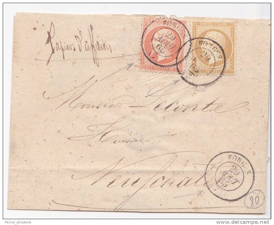 Forges (74) Seine Inferieure n°21 et 23 sur manchette de papier d'affaire pour Neufchatel en Bray le 29 aout 1865,