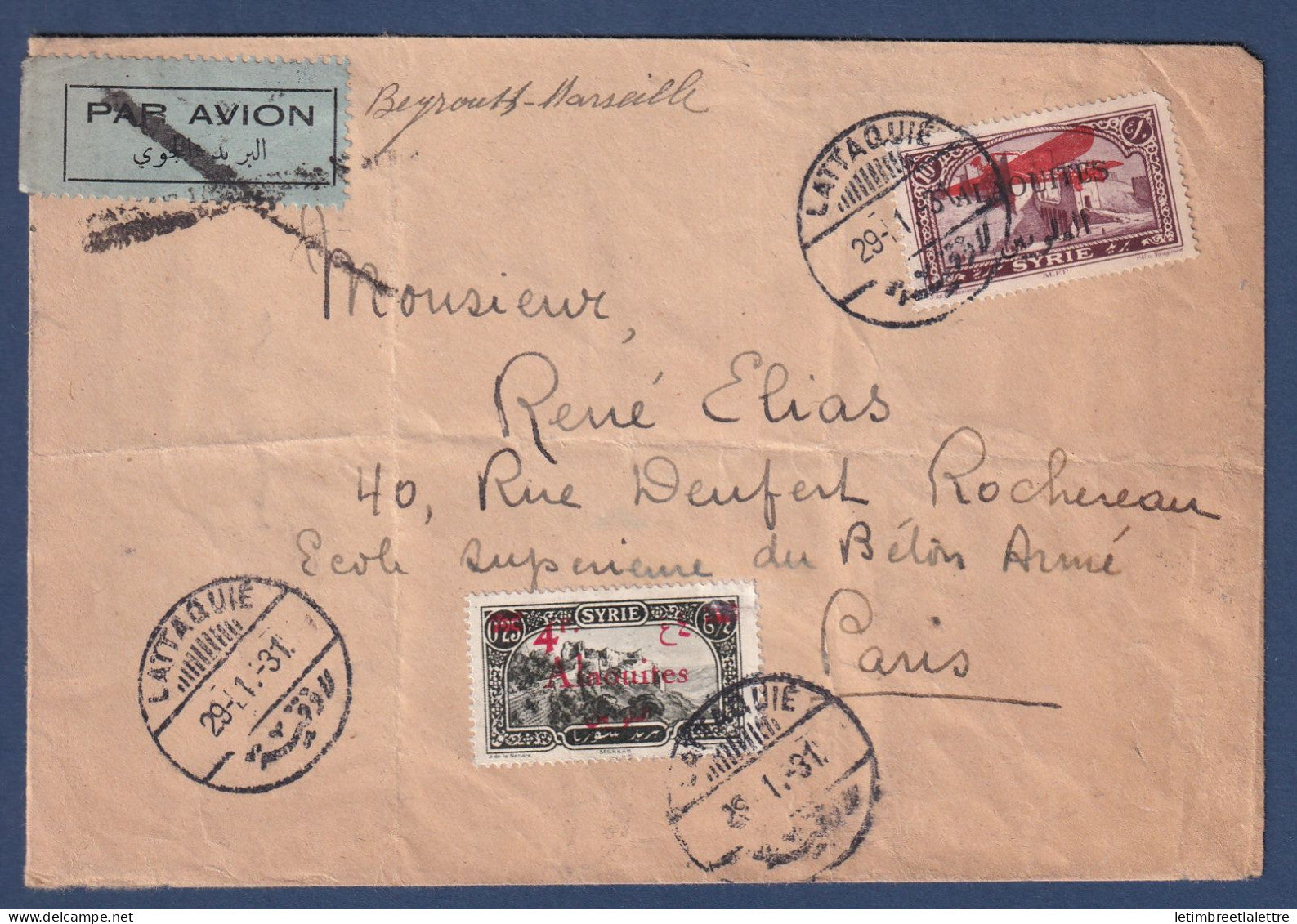 Lattaquié - par avion via ligne aérienne Beyrouth Marseille pour la France - 1931