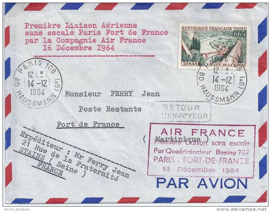 Premiere liaison aérienne sans escale Paris Fort de France par la Compagnie Air France 16 Decembre 1964