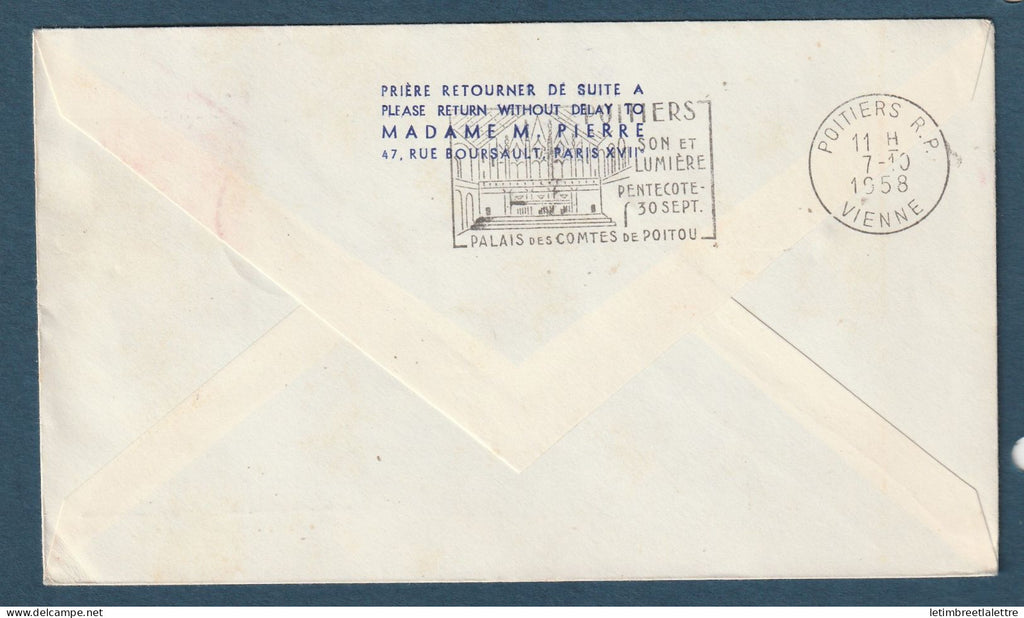 France - Première liaison postale de Nuit Paris Potiers  6 Octobre 1958