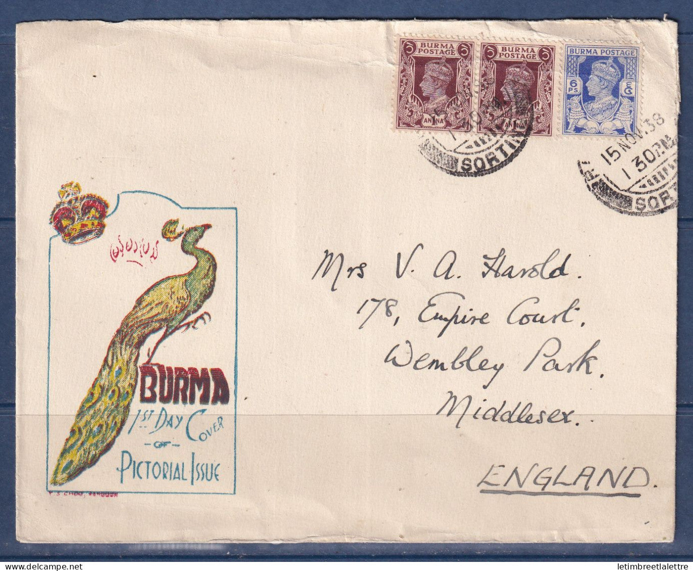 Myanmar - Birmanie -  Burma - YT n° 20 et 22 FDC Premier jour à destination de l'Angleterre - thématique oiseaux - 1938