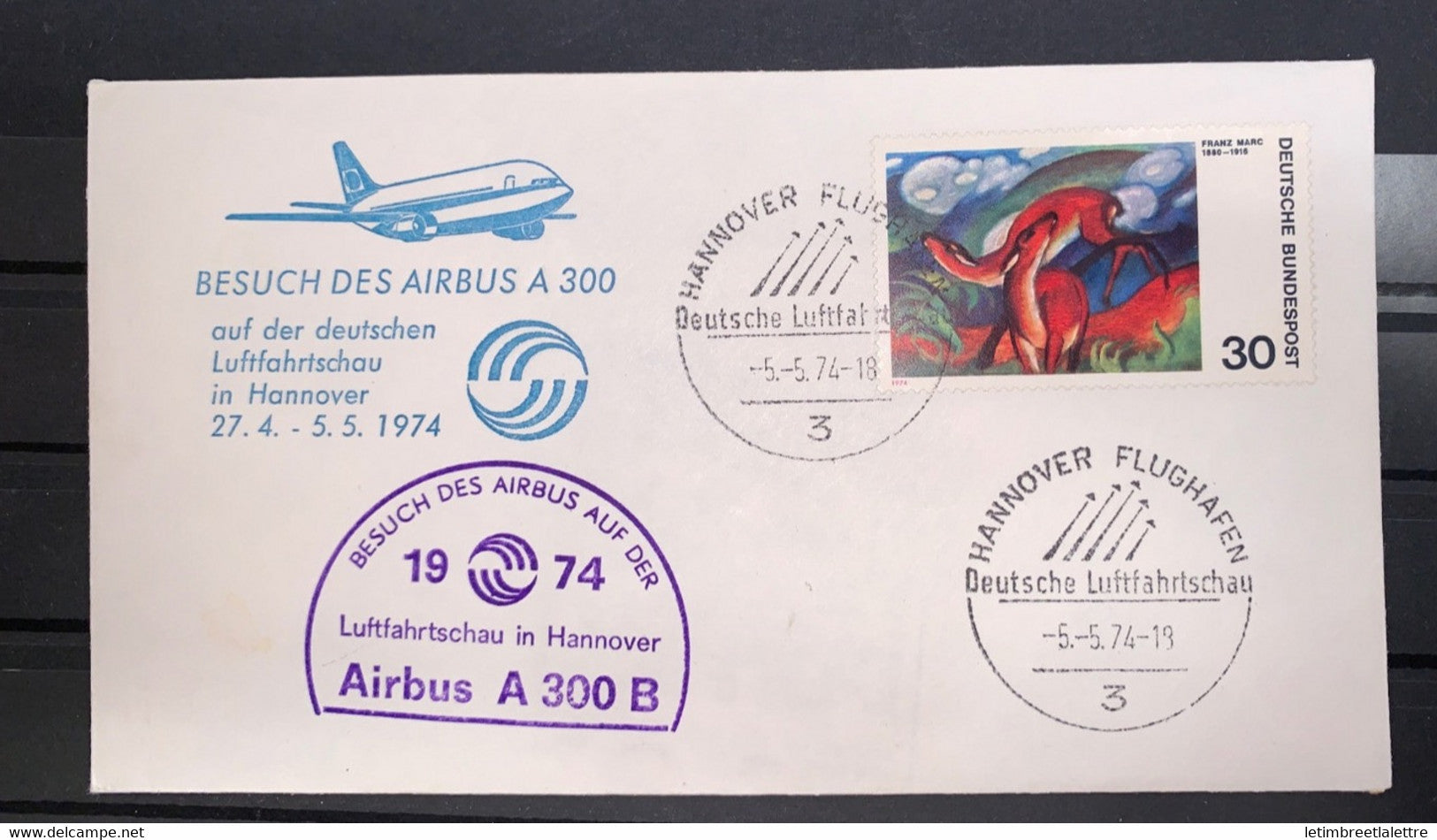 ⭐ Allemagne - plis souvenir édité lors de la visite du Airbus 300 au salon international aéronautique 1974 ⭐
