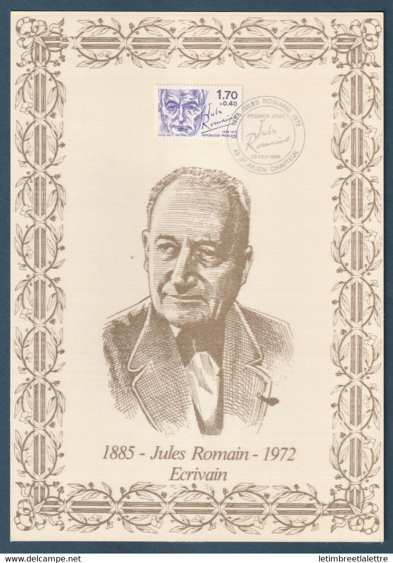 ⭐ France - Document Philatélique - Premier Jour - FDC soie - Jules Romain - Ecrivain - 1985 ⭐