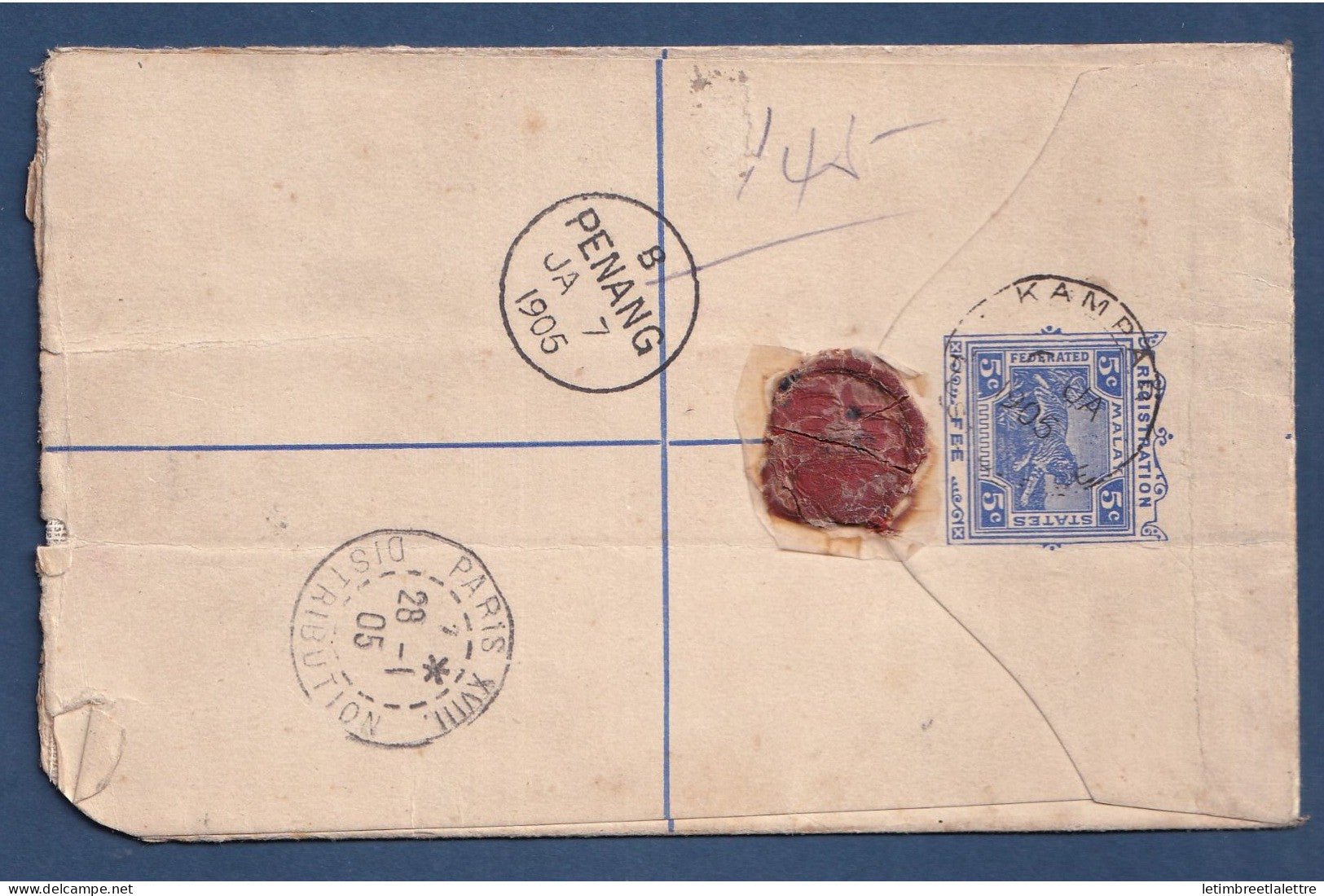 Malaisie - entier postal - Recommandé de Kampar pour la France par avion via Penang en 1905