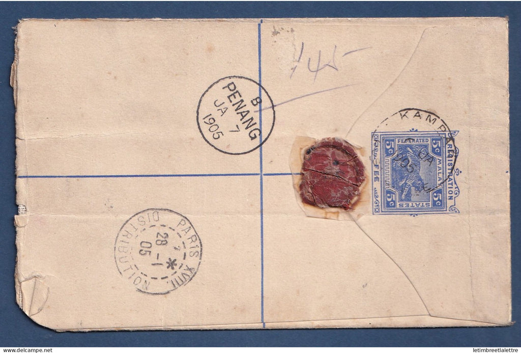 Malaisie - entier postal - Recommandé de Kampar pour la France par avion via Penang en 1905