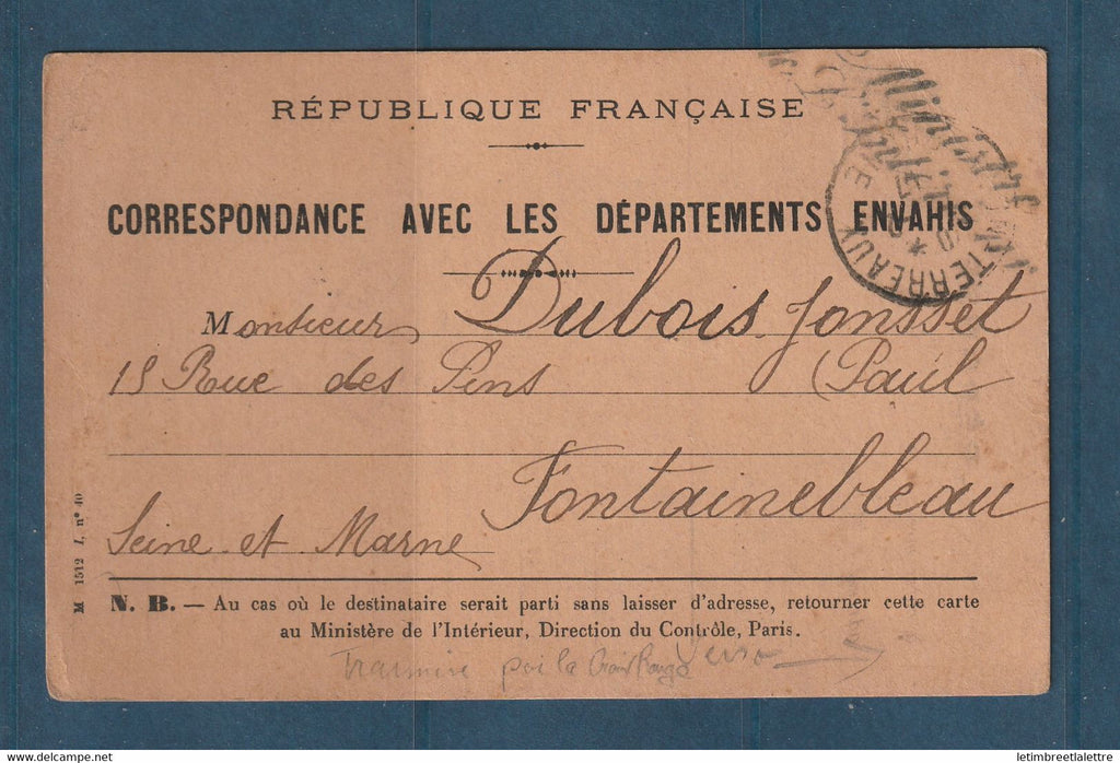France - Croix Rouge - Carte transmise par la Croix Rouge avec franchise du ministère de l'intérieur - 1916