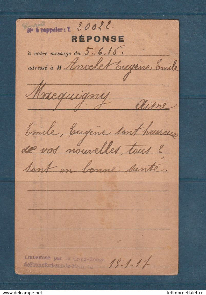 France - Croix Rouge - Carte transmise par la Croix Rouge avec franchise du ministère de l'intérieur - 1916