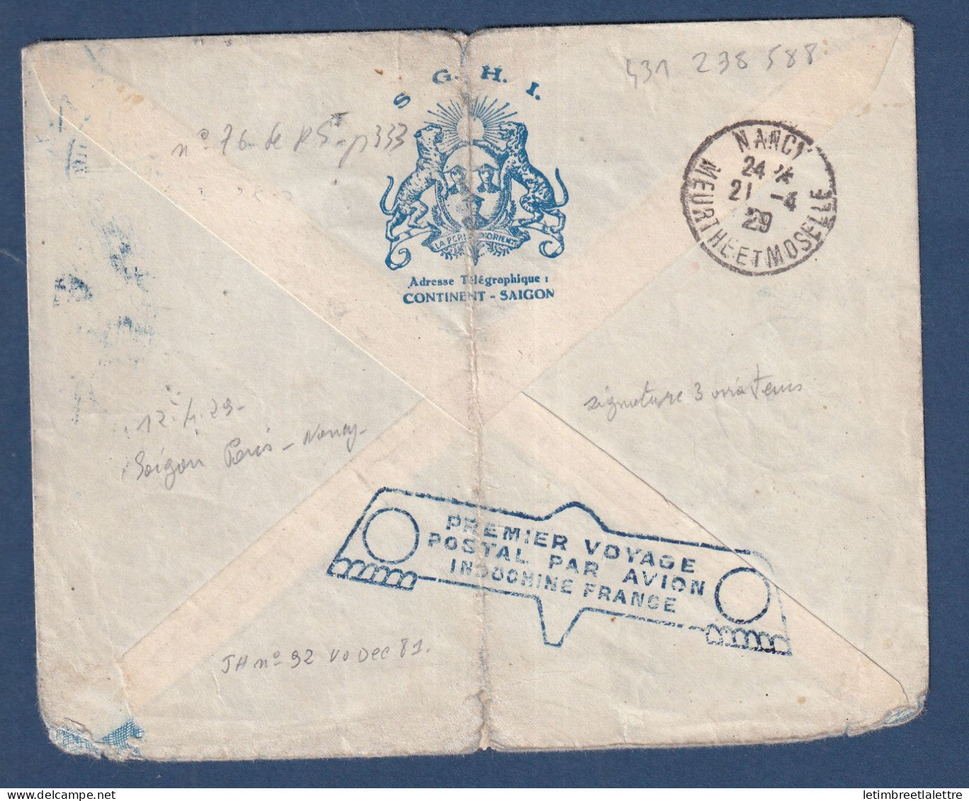 Indochine - poste aérienne - Premier voyage postal par avion Indochine France - signé par les pilotes