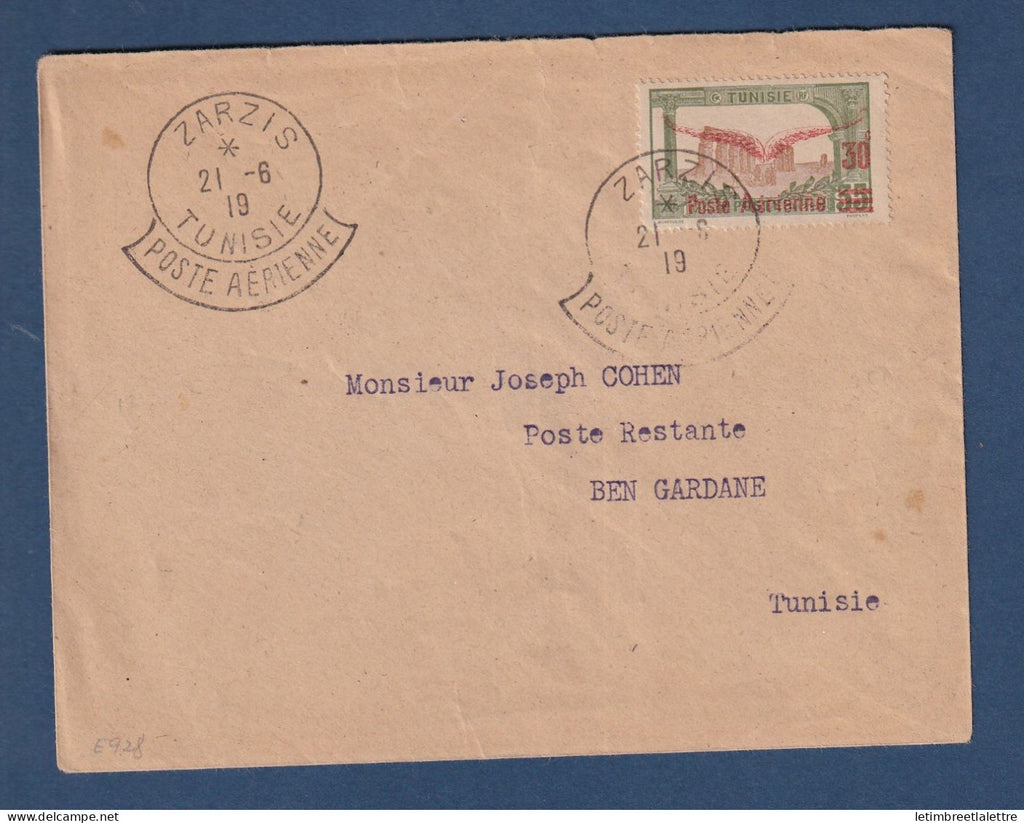 Tunisie - Poste aérienne - YT n° 1 oblitéré sur lettre de Zarzis pour Ben Gardane - 21 6 1919