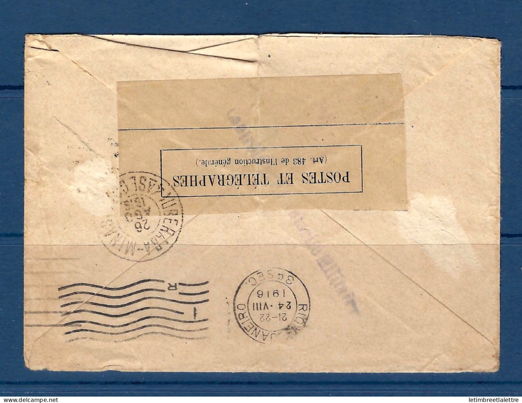 France - YT n° 140 - lettre pour le Brésil - correspondance militaire - 1916