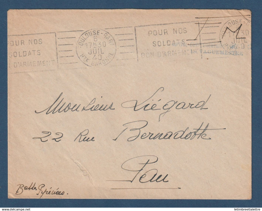 France - Franchise militaire - hôpital complémentaire - lycée des garçons à Toulouse - 20 juillet 1940 pour Pau