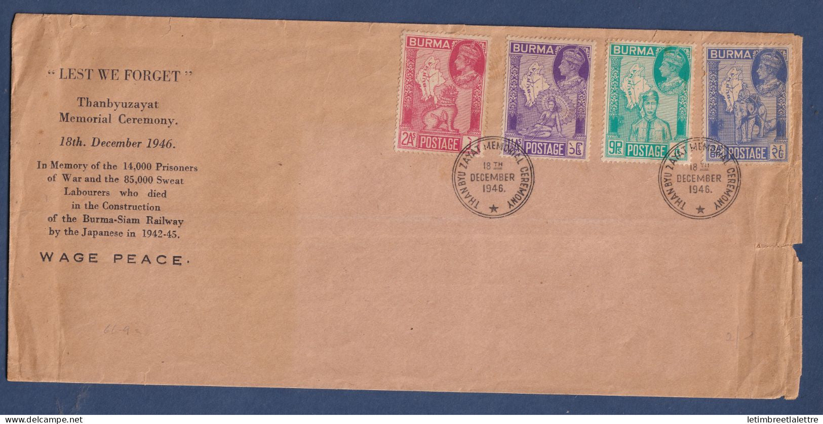 Myanmar - Birmanie - Burma - YT n° 50 à 53 - Enveloppe commémorative Thanbyuzayat Memorial Ceremony - 1946