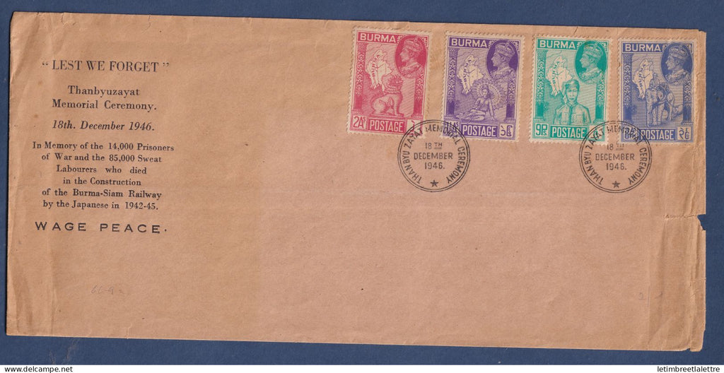 Myanmar - Birmanie - Burma - YT n° 50 à 53 - Enveloppe commémorative Thanbyuzayat Memorial Ceremony - 1946