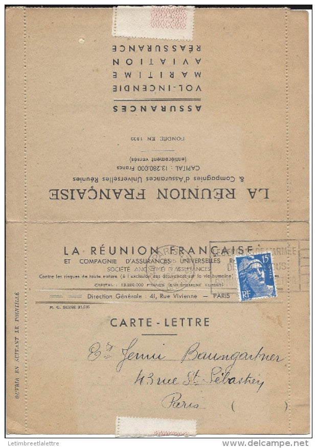 ⭐ France - Carte lettre publicitaire affranchie Gandon - La réunion Française - 1951 ⭐