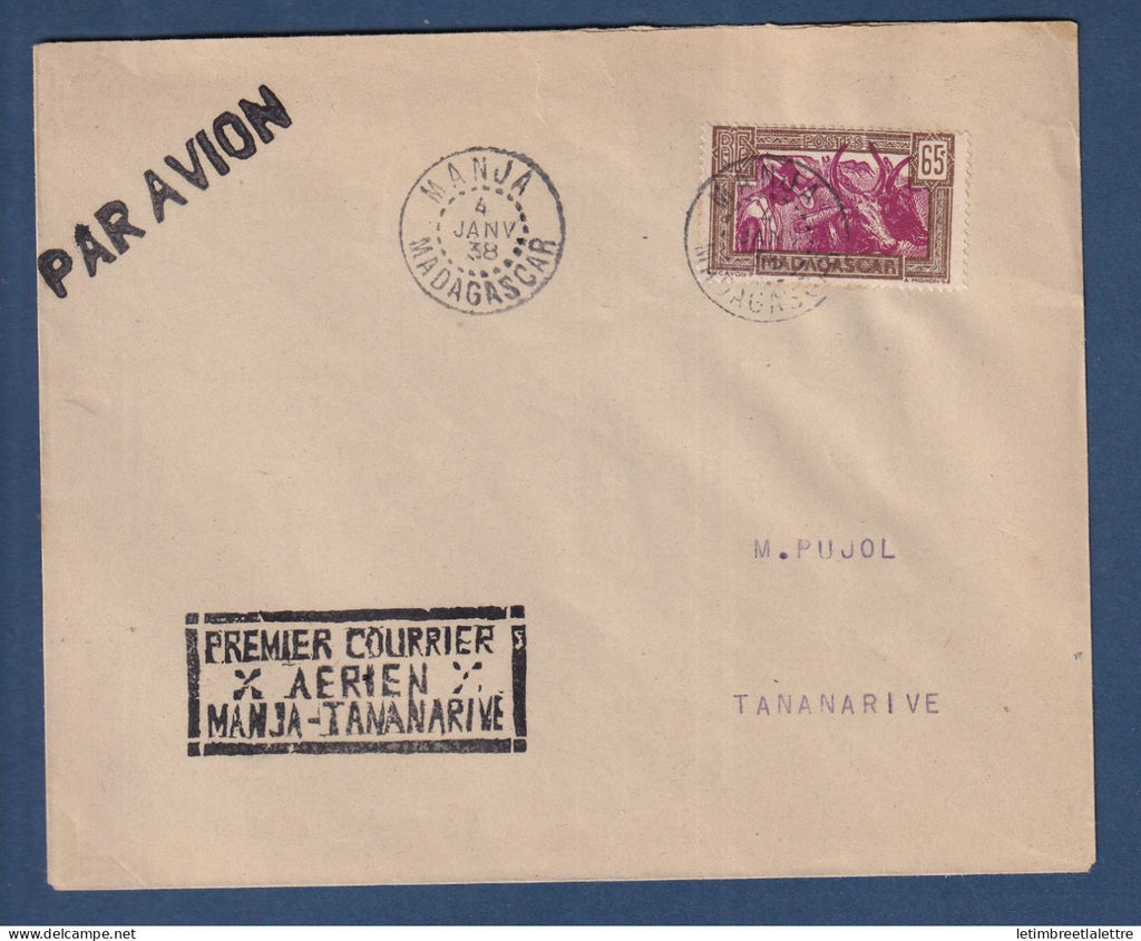 Madagascar - Lettre avec cachet Premier courrier Aérien Manja Tananarive - par avion le 4 Janvier 1938