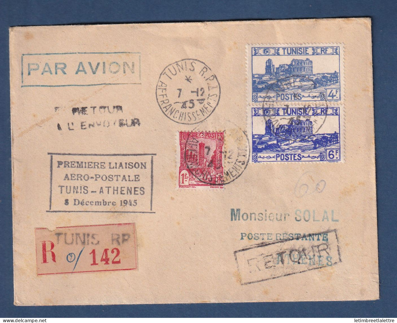 Tunisie - Première liaison aero postale Tunis Athènes en recommandé - 1945