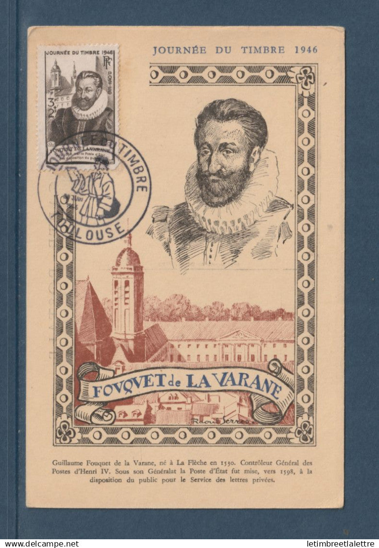 France - Carte Maximum - YT n° 754 - Fouquet de la Varane - Journée du timbre - Toulouse - 1946