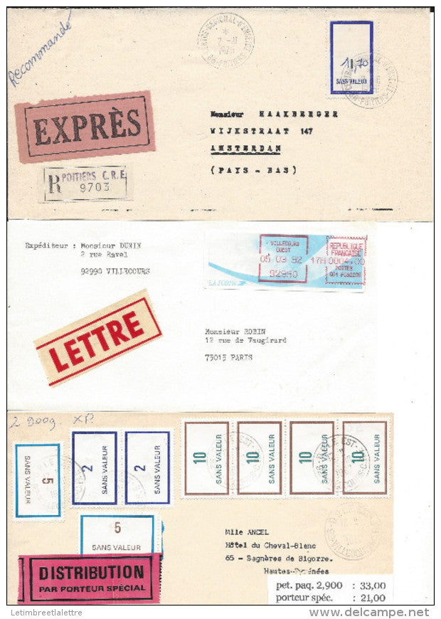 lot de 6 lettres divers avec timbres dont 1 avec vignette distruteur Farma ( let. ordin + exprès +par distri + urgent +
