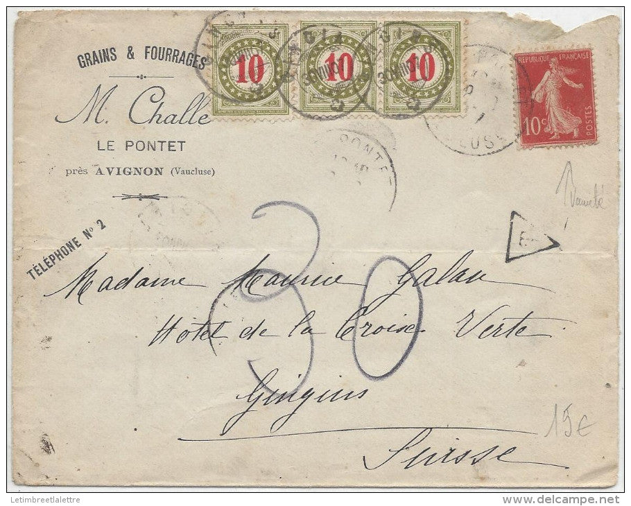 ⭐ France - Lettre taxée pour la Suisse à 30 centimes - entête Grains et fourrages M. Challe - 1907 ⭐