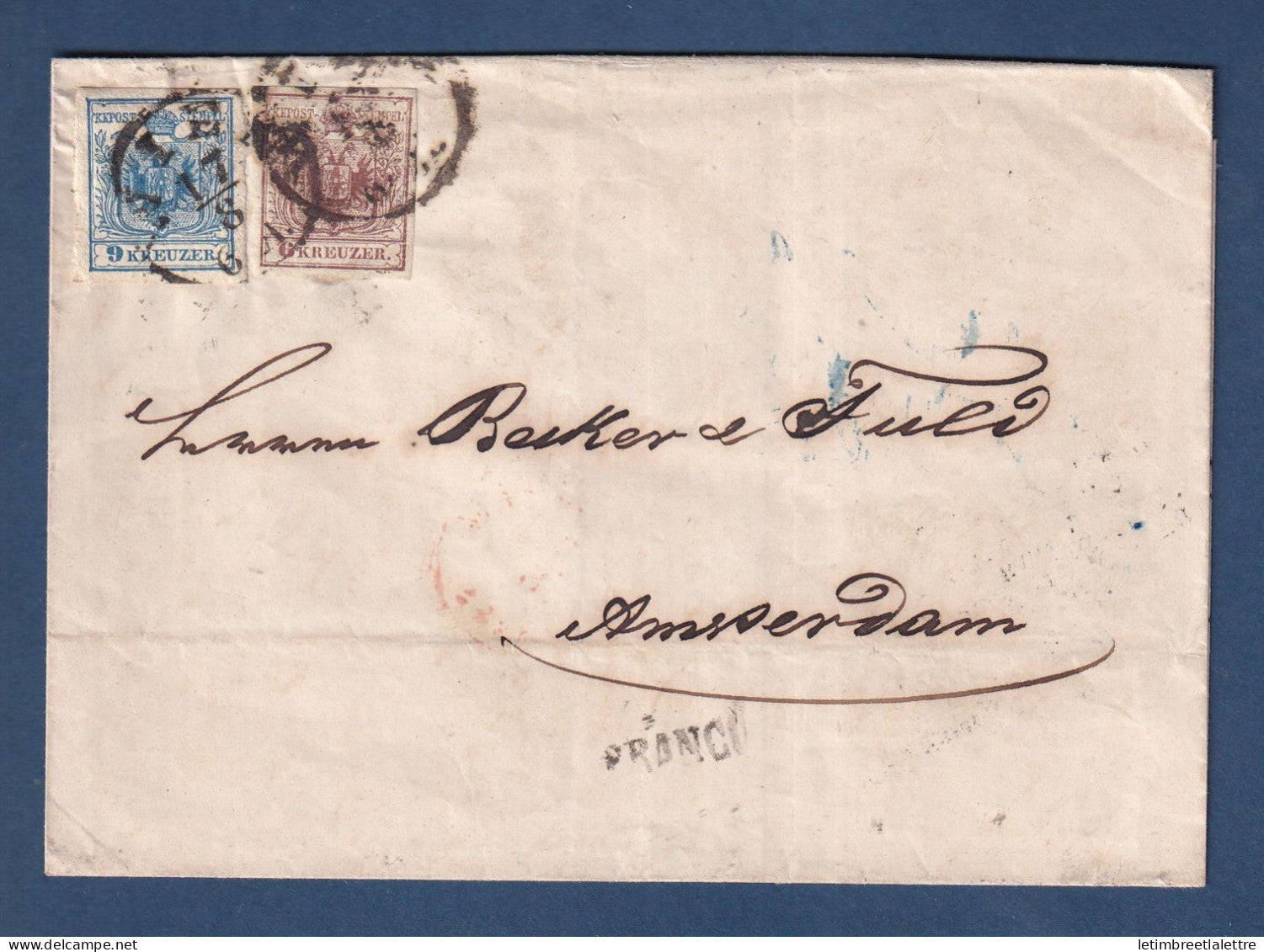 Autriche - Bel Affranchissement - griffe franco - pour  Amsterdam - 1854