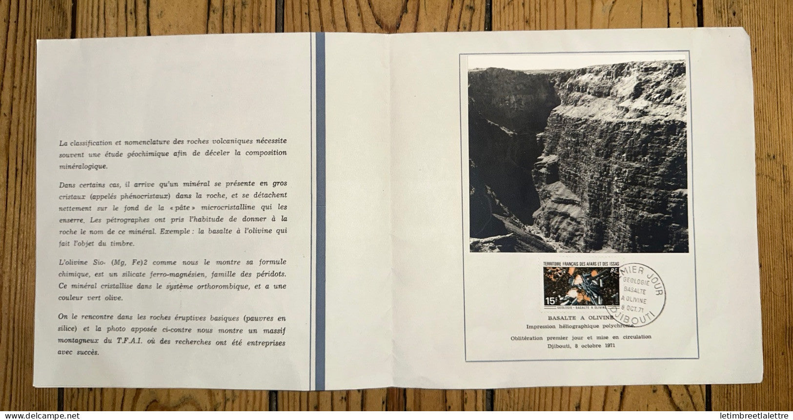 Djibouti - Fdc - premier jour - géologie - basalte à olivine - document numéroté - 1971