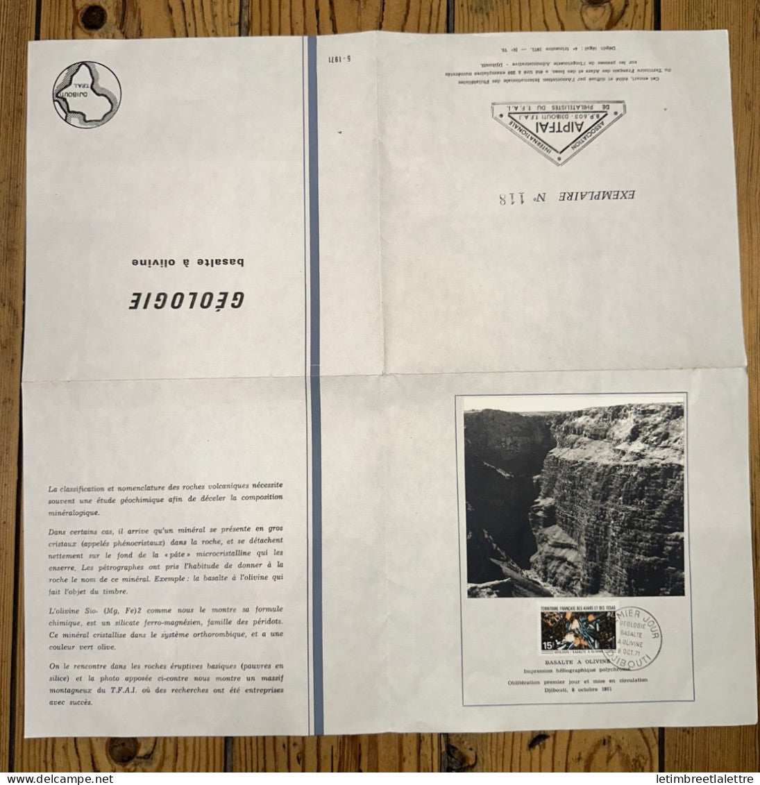 Djibouti - Fdc - premier jour - géologie - basalte à olivine - document numéroté - 1971