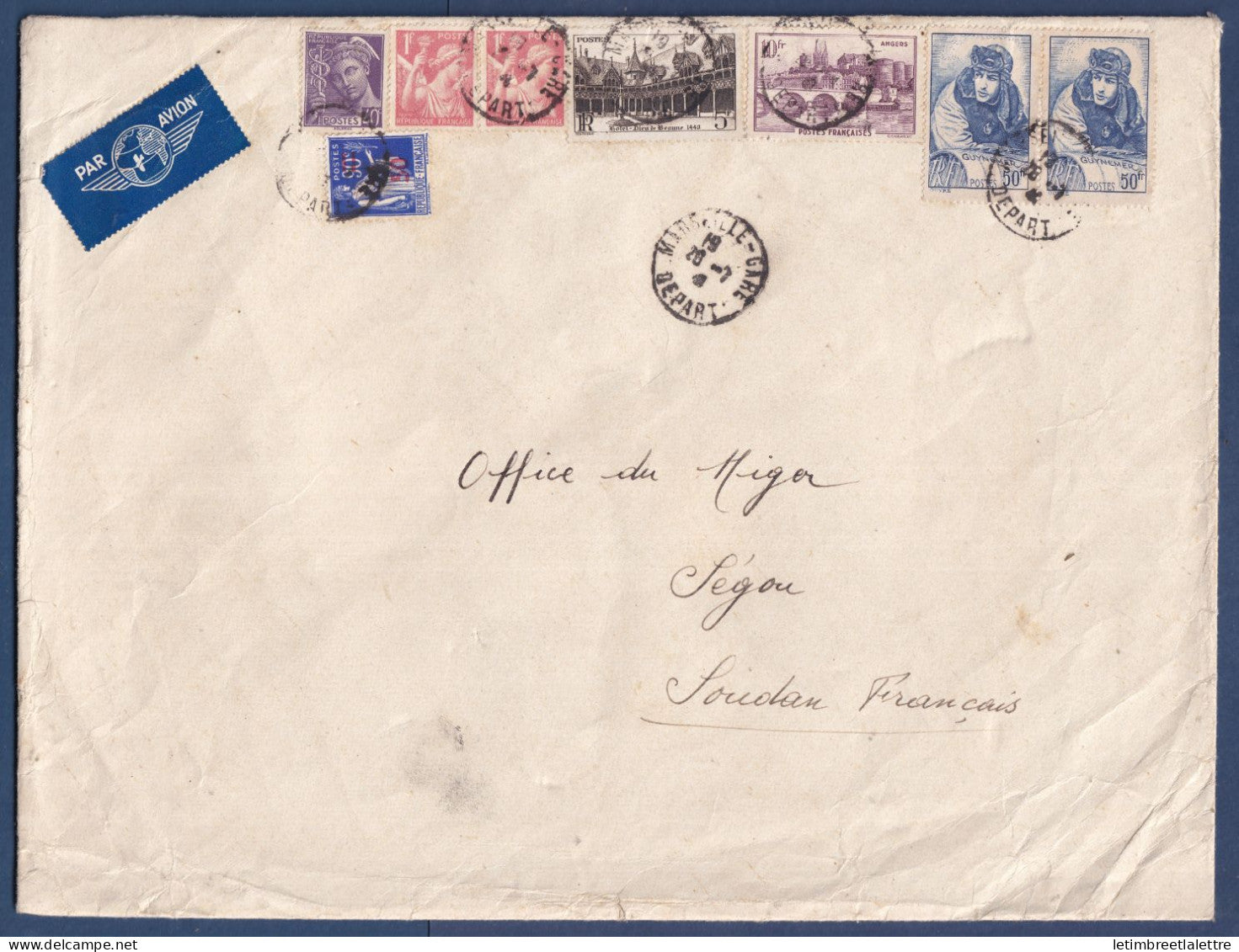France - Enveloppe par avion - Guynemer sur lettre - pour Ségou ( Soudan ) - tarif à 117 Francs 90 - 1940