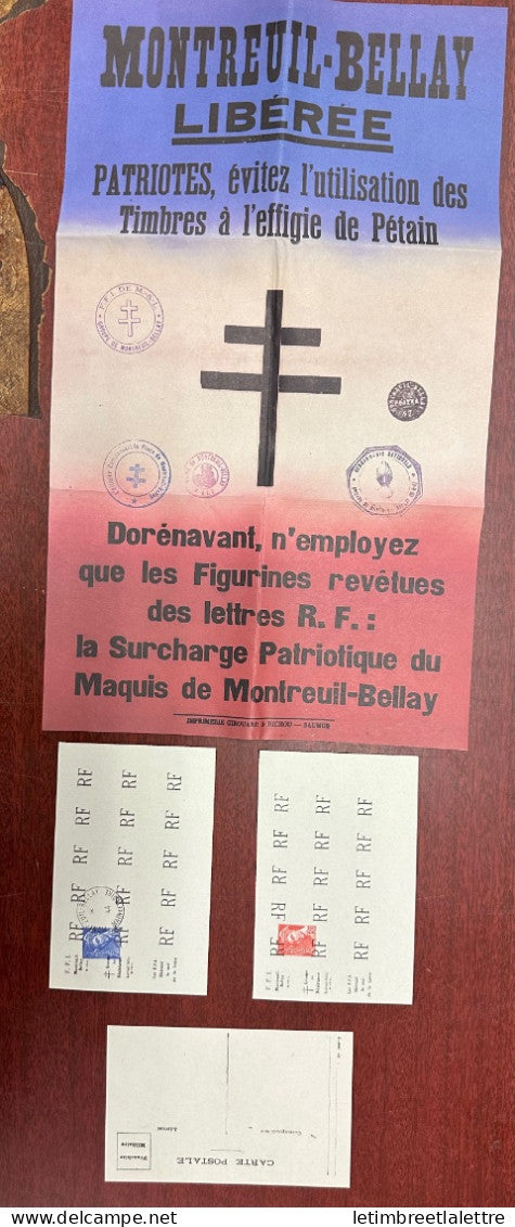 France - Libération - Montreuil Bellay - affiche et 3 entiers - RF renversé - 1944