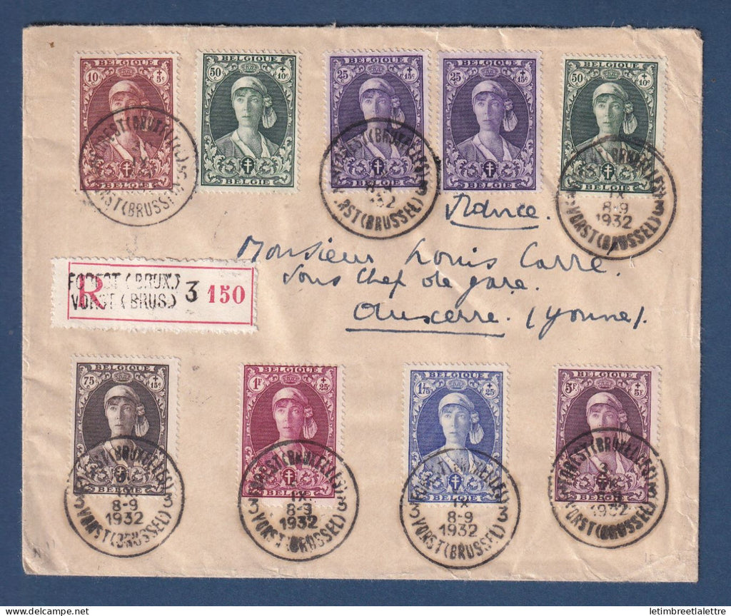 Belgique - YT n° 326 à 332 sans le 330 - sur recommandé de Forest - 1932