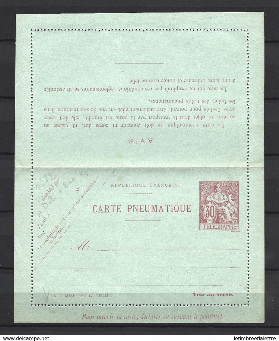 ⭐ France - Carte pneumatique - télégraphe - n° 72 ⭐