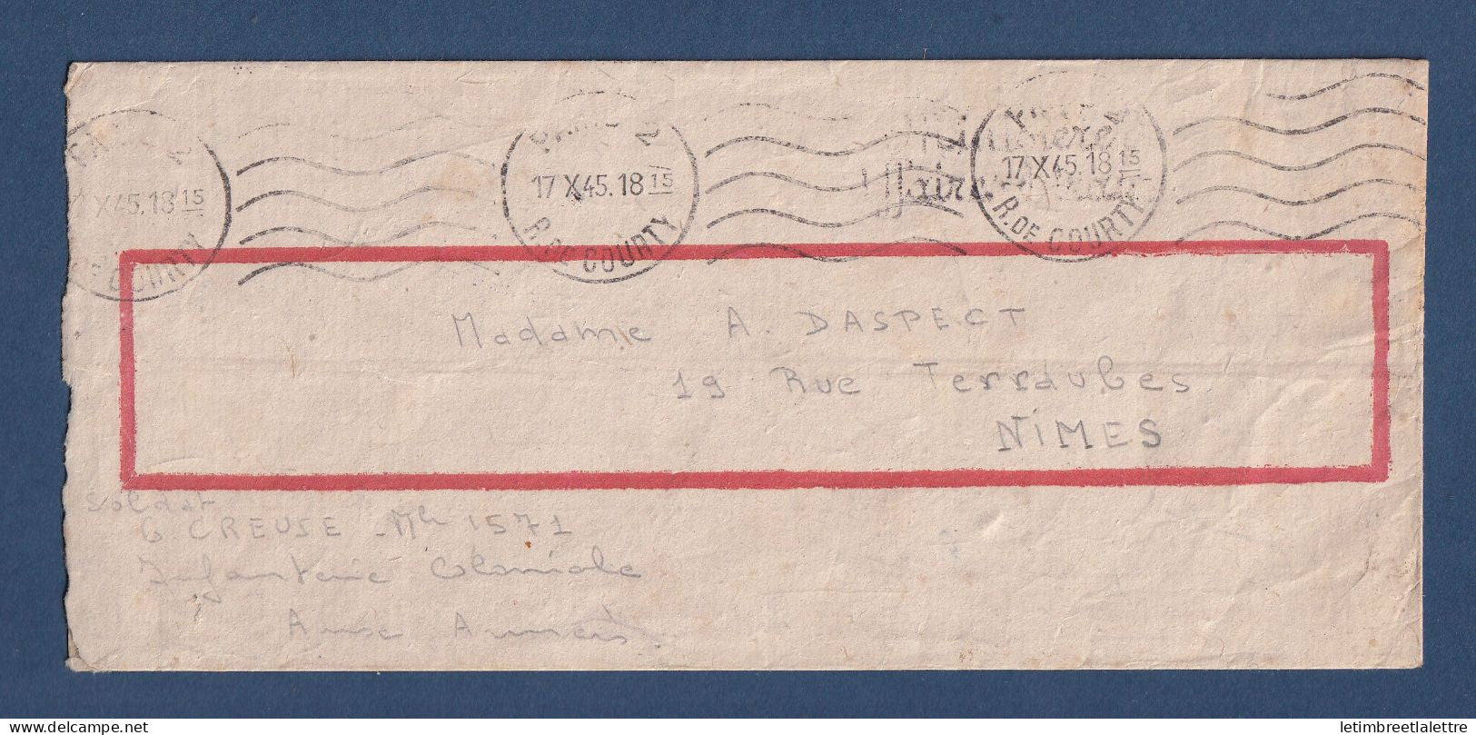 Chine - lettre par valise diplomatique militaire française en Chine - Censure - 17 Octobre 1945