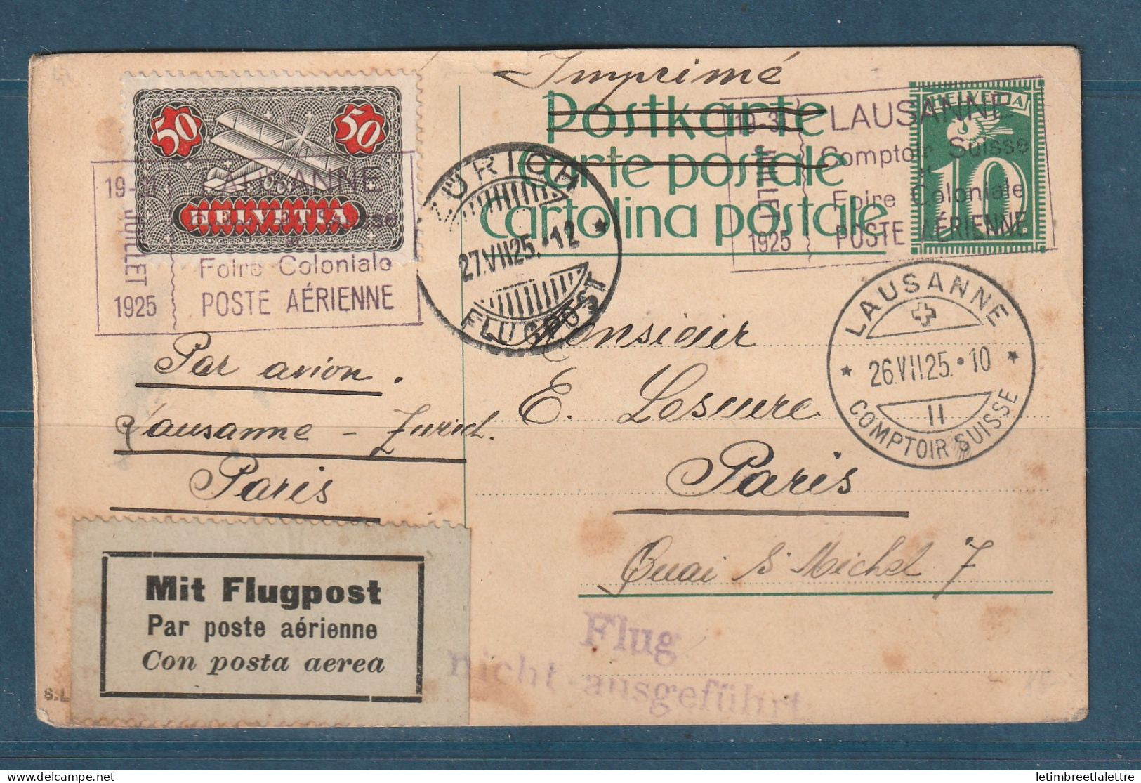 Suisse - Premier vol  Lausanne Zurich Paris - Foire coloniale de Lausanne -  27 Juillet 1925