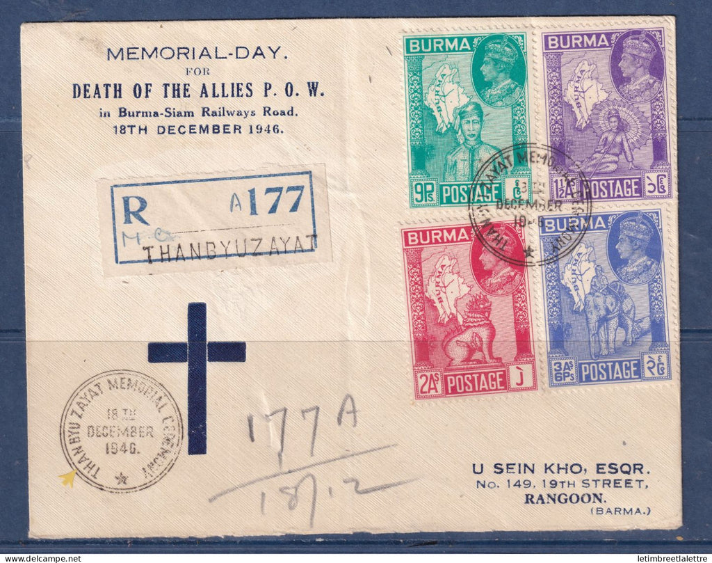 Myanmar - Birmanie - Burma - YT n° 50 à 53 - Enveloppe recommandé commémorative Thanbyuzayat Memorial Ceremony - 1946