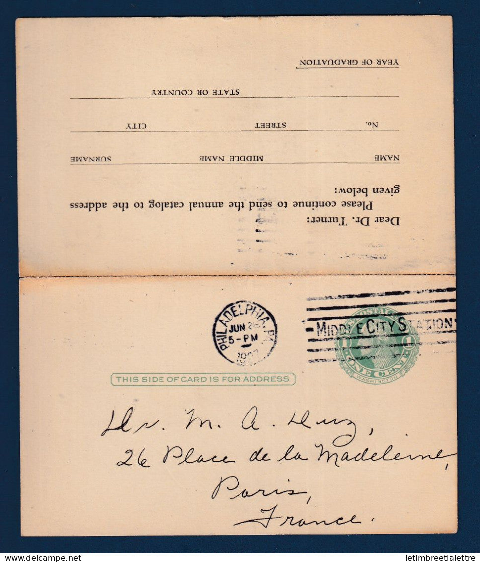 USA - Etats Unis - Entier postal - Philadelphie pour la France - Dentisterie - 1927