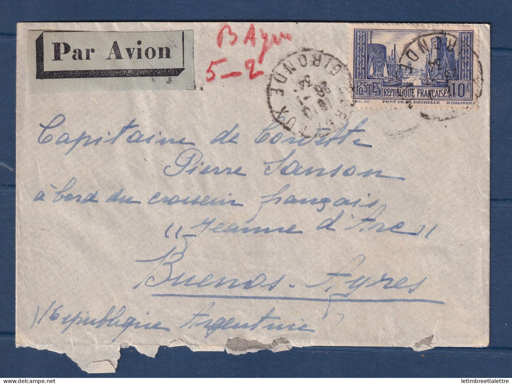 France - YT n° 261 seul sur lettre par avion pour l'Argentine via le Croiseur Jeanne d'Arc - 1934