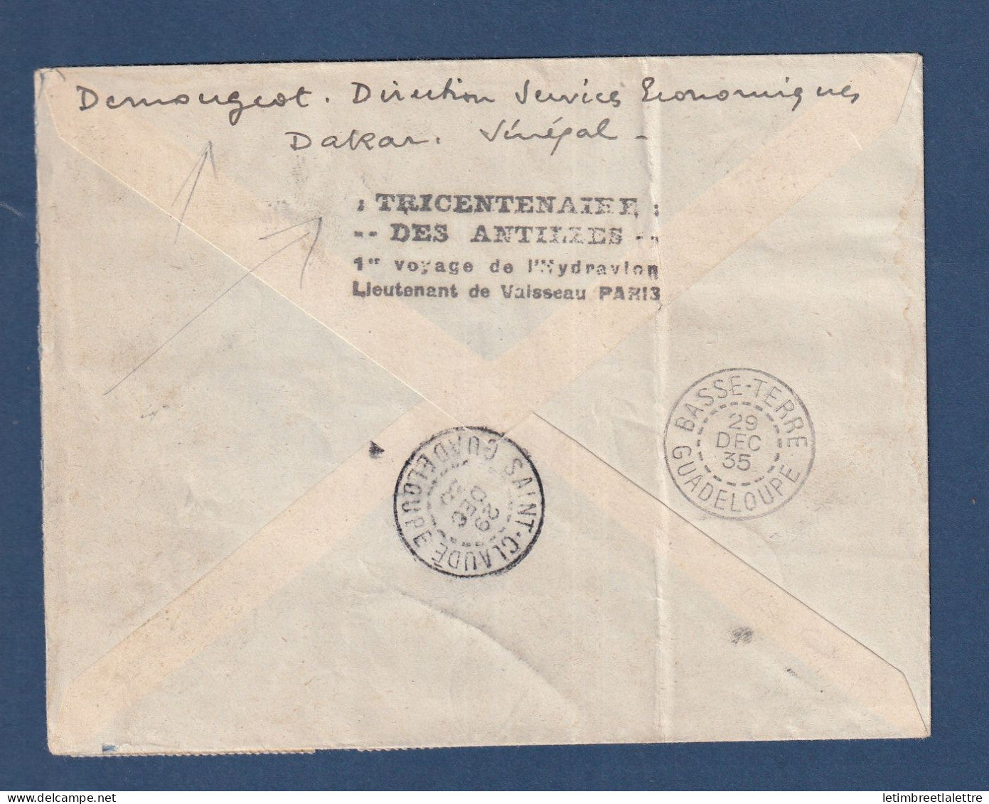 Sénégal - Premier vol par Hydravion le 13 12 1935 pour la Guadeloupe - courrier Demougeot tricentenaire des Antilles