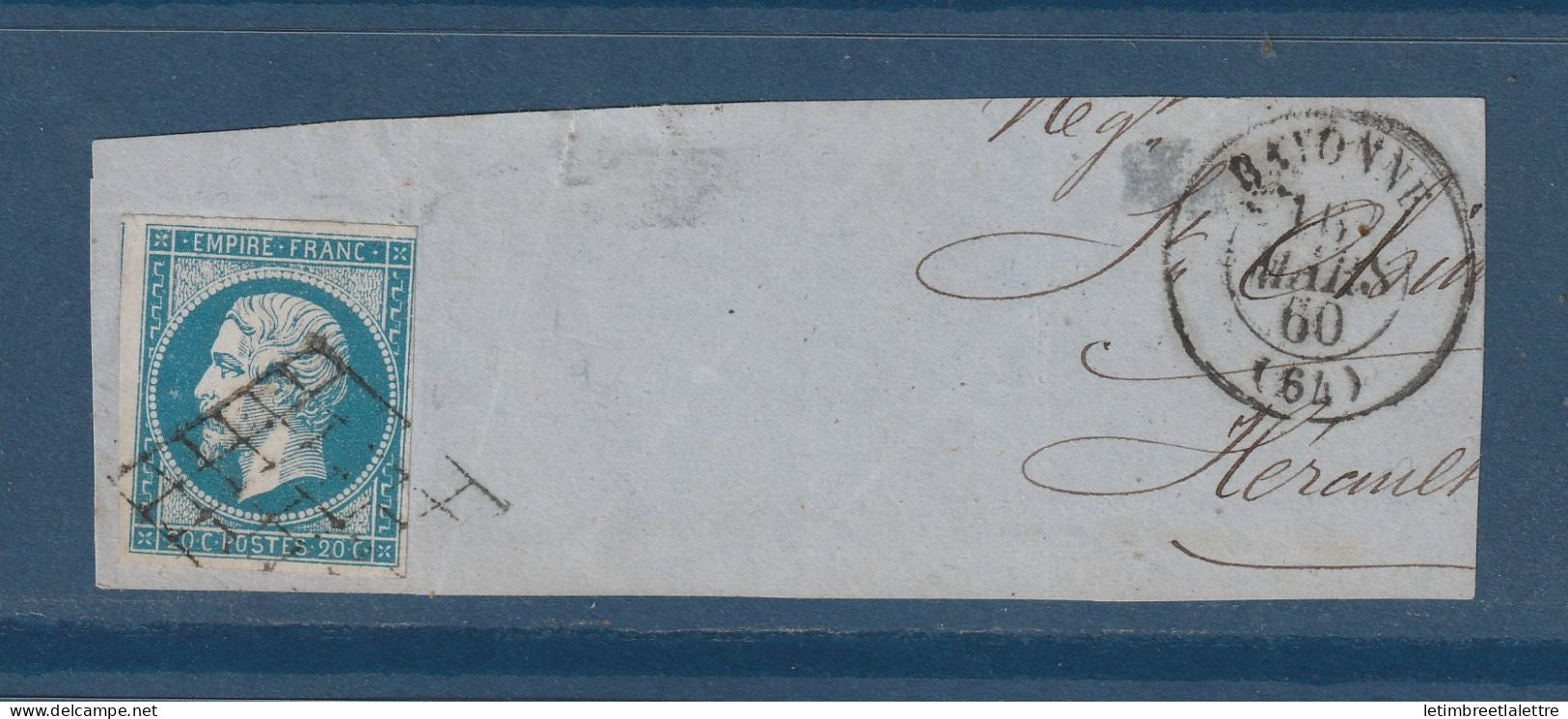 France - YT n° 14 - oblitéré grille de Bayonne - sur fragment - 1853