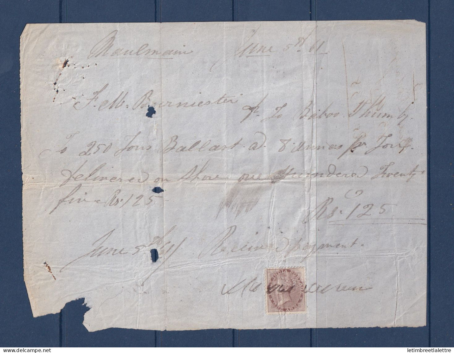 Birmanie - Burma - avec Inde YT n° 11 oblitération fiscale - sur facture - vieux papiers - 1856 1864
