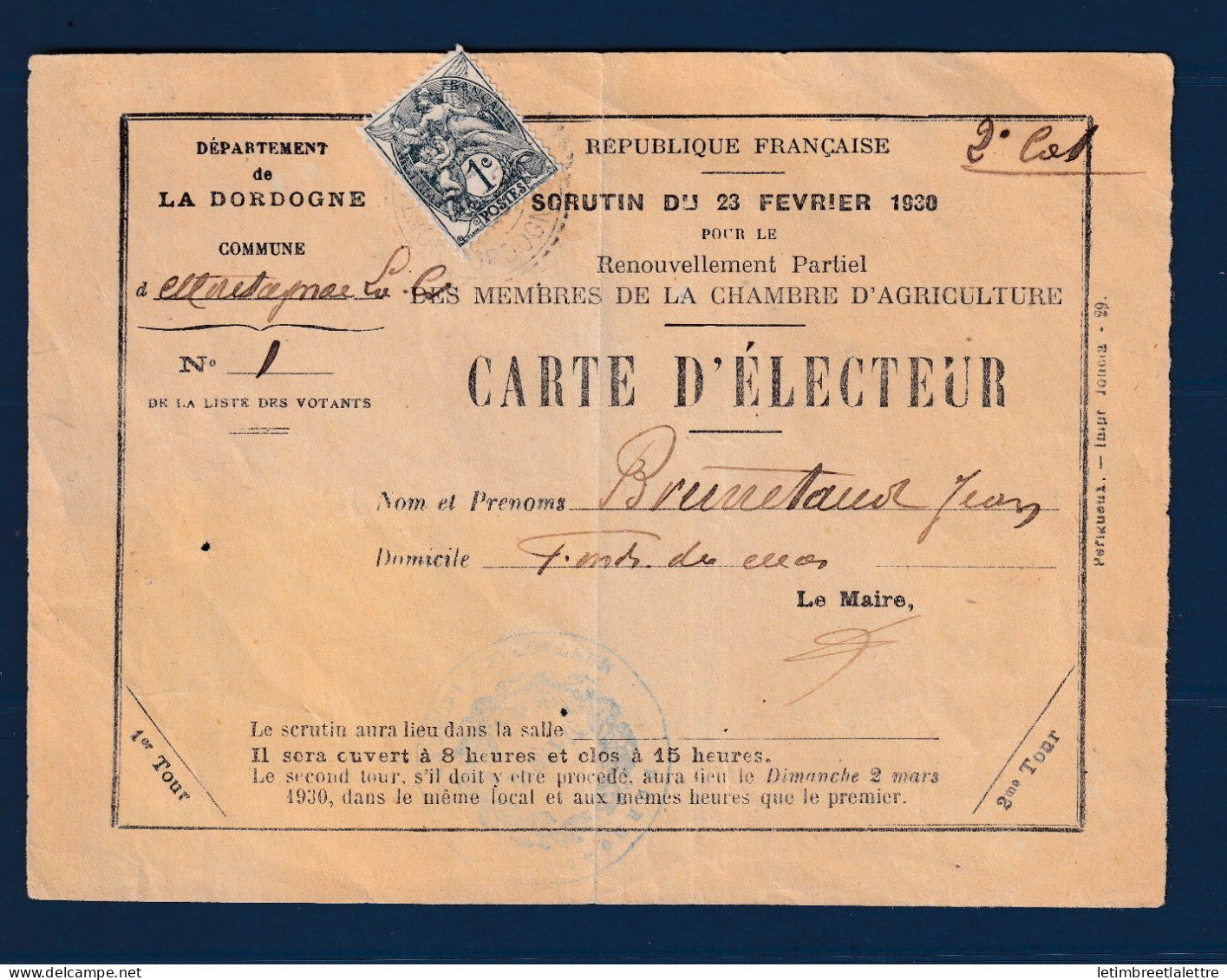France - Type blanc sur carte d'électeur - Dordogne - 1930