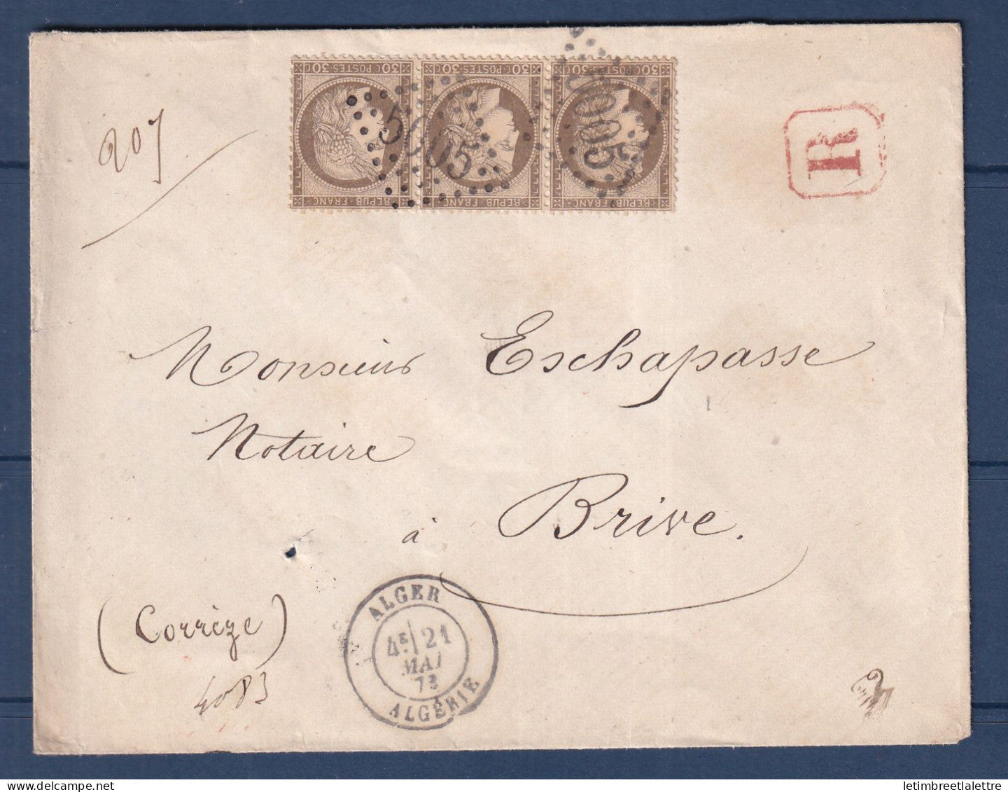 France - YT n° 56 - lettre en recommandé d'Alger ( Algérie )  Gros Chiffre GC 5005 pour Brive en 1873