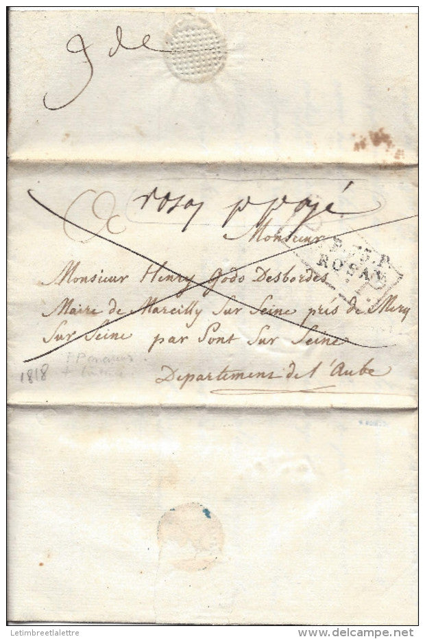 Rosay  en Brie Seine et Marne, P P,manuscrit + P.73P Rosay, RARE combinaison des 2 types avril 1818 de la grange ...
