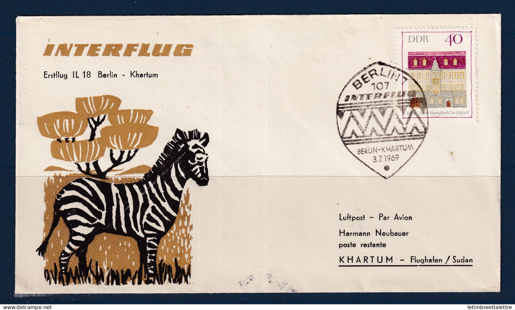 Allemagne - DDR - Avion - Premier vol Berlin Khartoum - Animaux - zèbre - 1969