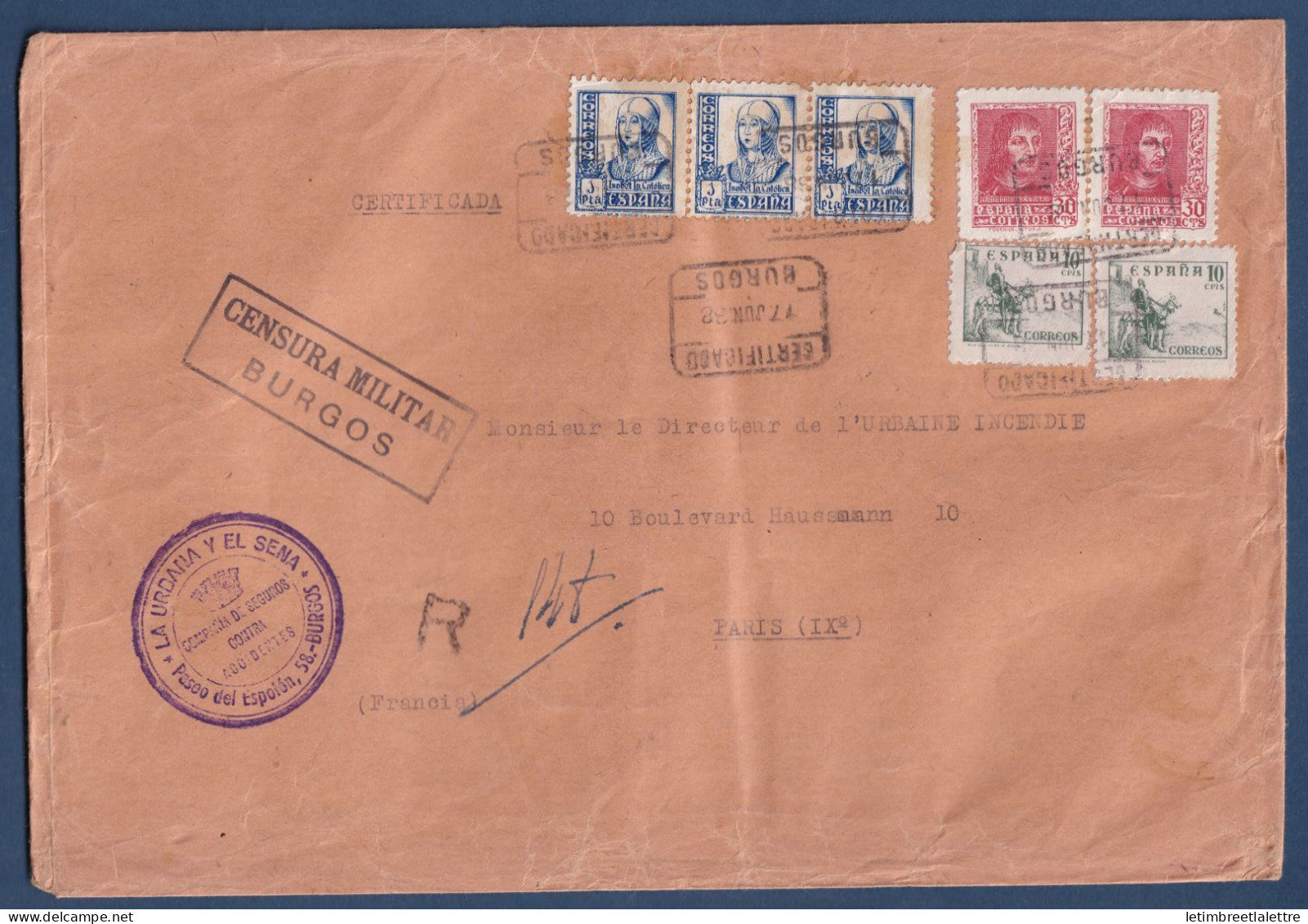Espagne - Enveloppe censurée pour Paris - Censure militaire - Burgos - 1938