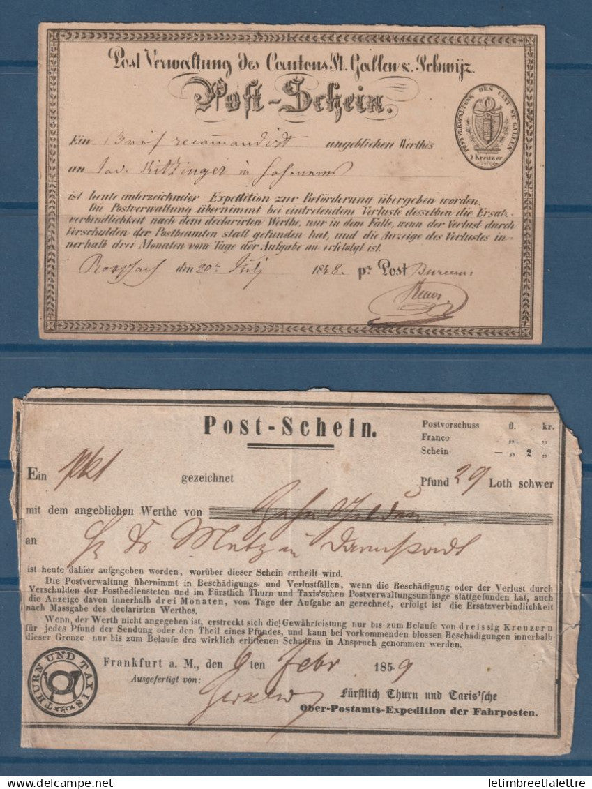 Allemagne - Tour et Taxis - Bon de Poste - Poste Schein - 1859 et 1848