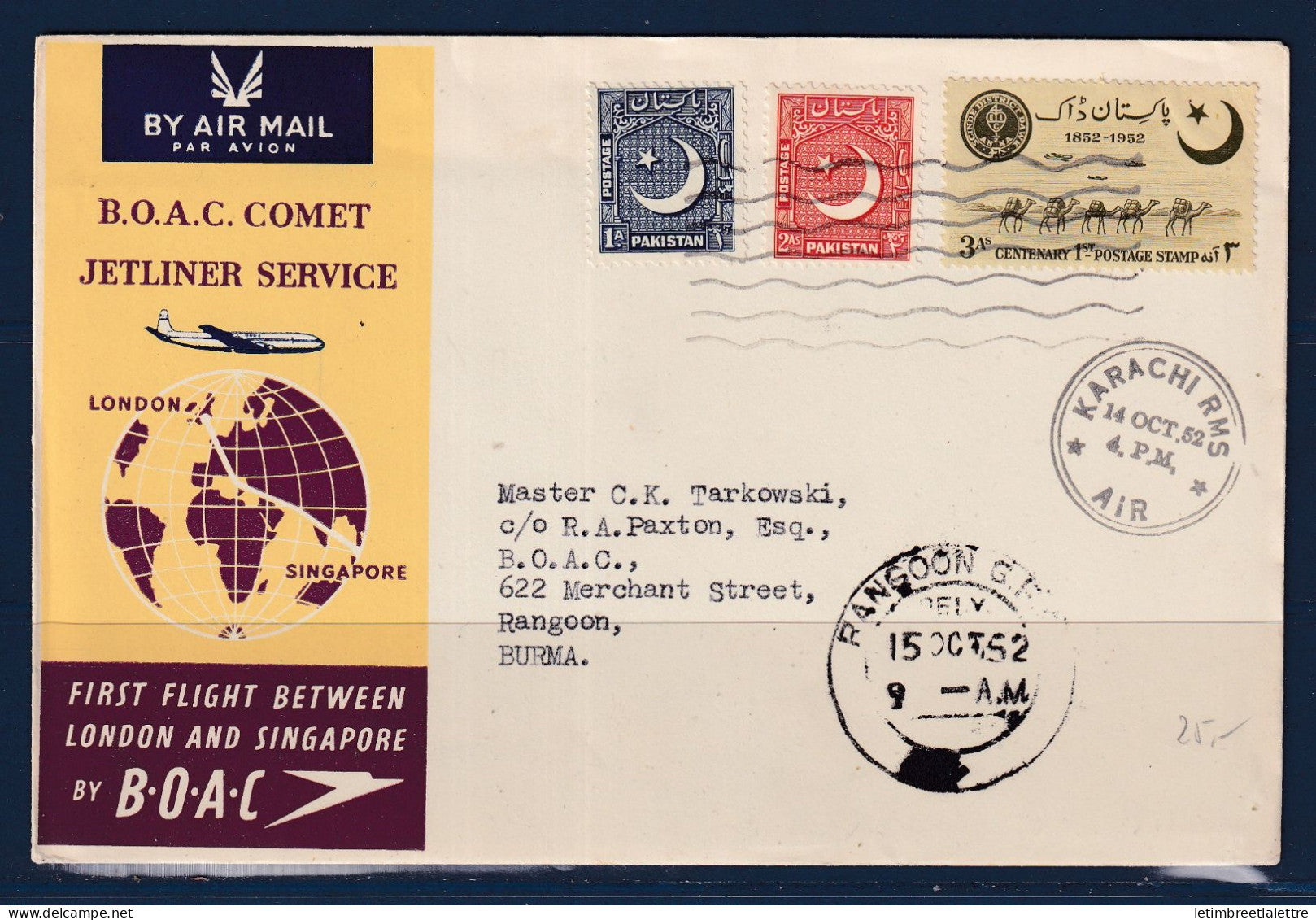 Myanmar Birmanie Burma - poste aérienne - premier vol entre Londres et Singapour - Comet jetliner service - BOAC - 1957