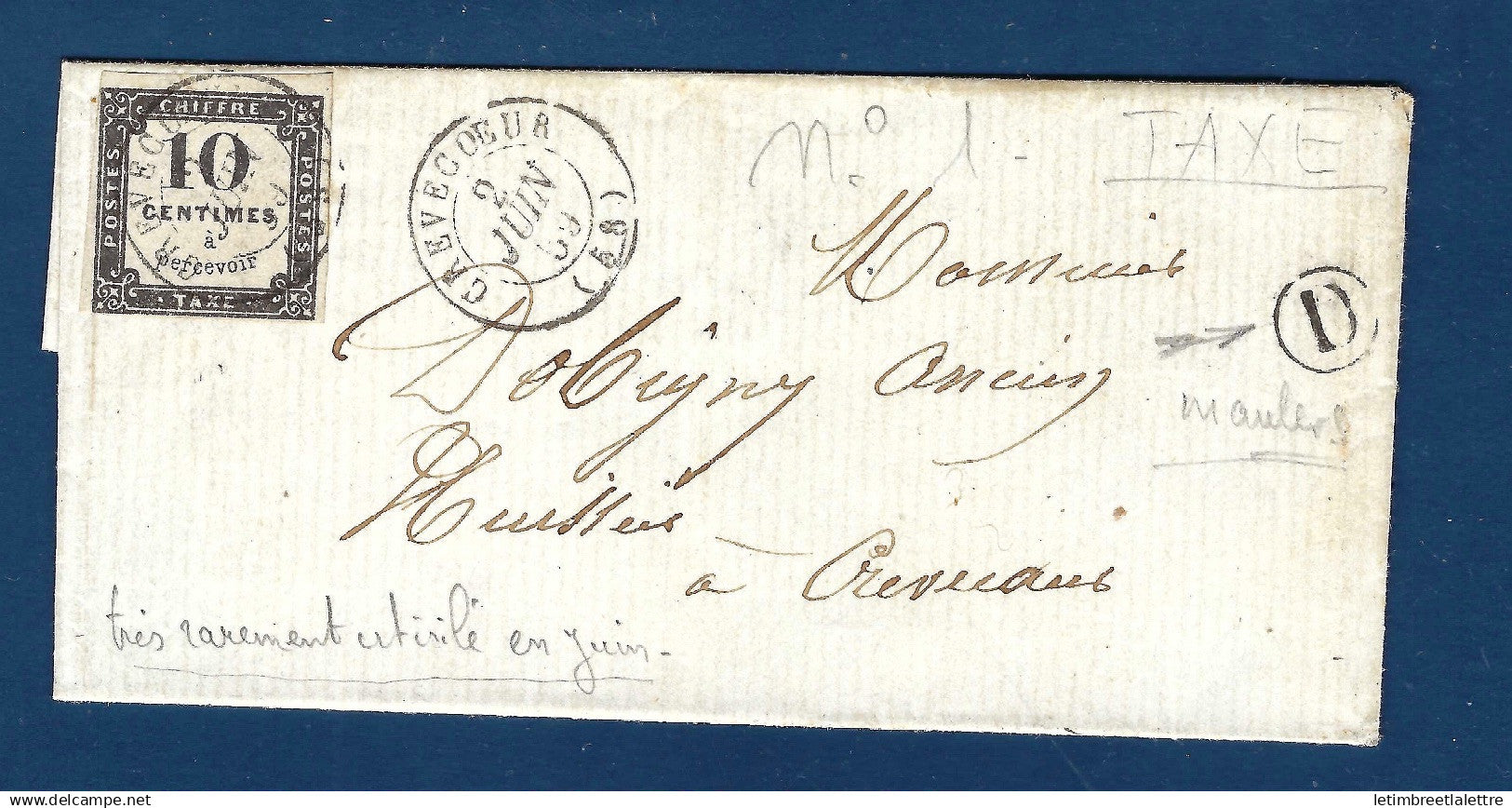 France - Taxe - YT n° 1 sur lettre taxée - très rarement utilisé en Juin - 1859