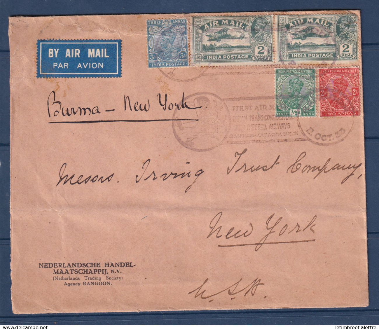 Birmanie Burma - Poste aérienne - premier vol Burma New York ( Usa ) - 1933