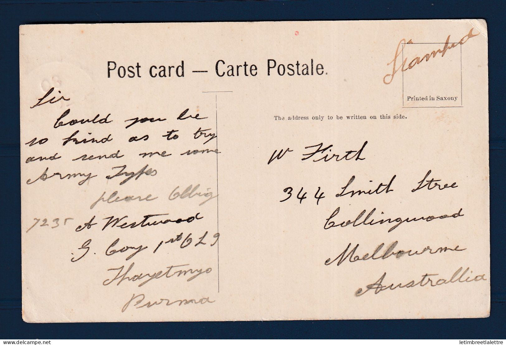 Birmanie - Burma - avec Inde YT n° 75 sur carte postale - pour l'Australie - Cascade - 1908