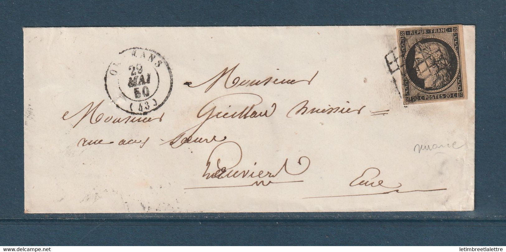France - YT n° 3 chamoisé - Orleans sur lettre pour l'Eure - très belle nuance - 1850