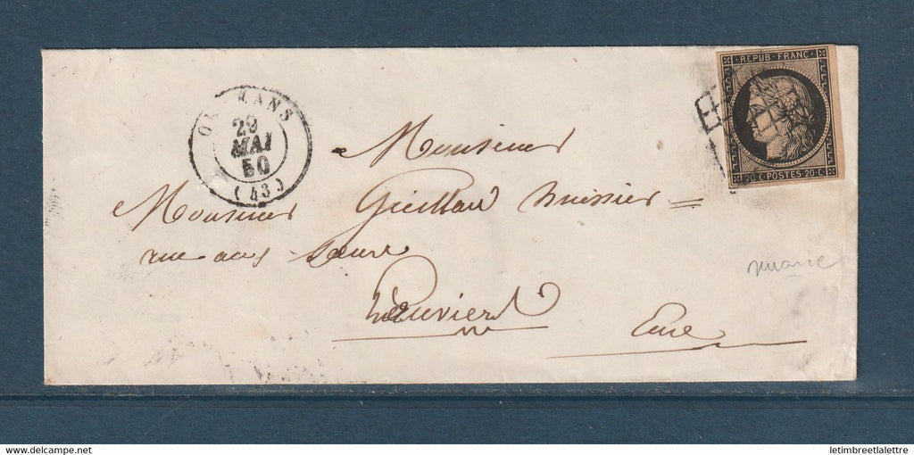 France - YT n° 3 chamoisé - Orleans sur lettre pour l'Eure - très belle nuance - 1850